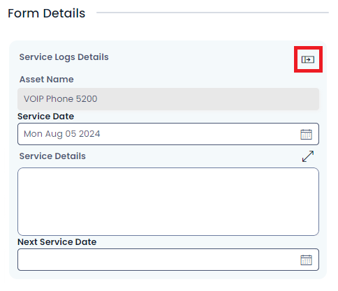 An embedded form. This is simply a zoomed-in image taken from the previous screenshot. The title reads: &quot;Form Details&quot;. It contains a subtitle that reads &quot;Service Logs Details&quot; and a &quot;goto&quot; button on the right. There &quot;Asset Name&quot; is a field that cannot be edited, because it is a greyed-out subquery. Below this field are the &quot;Service Date&quot;, &quot;Service Details&quot; and &quot;Next Service Date&quot; fields which can be edited.